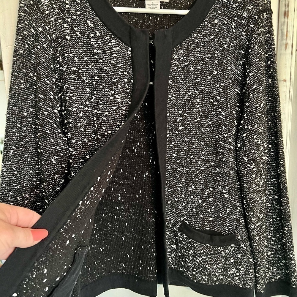 LIZ Claiborne Marled Open Front Cardigan Sweater Black White Grey Pockets L - Picture 5 of 12